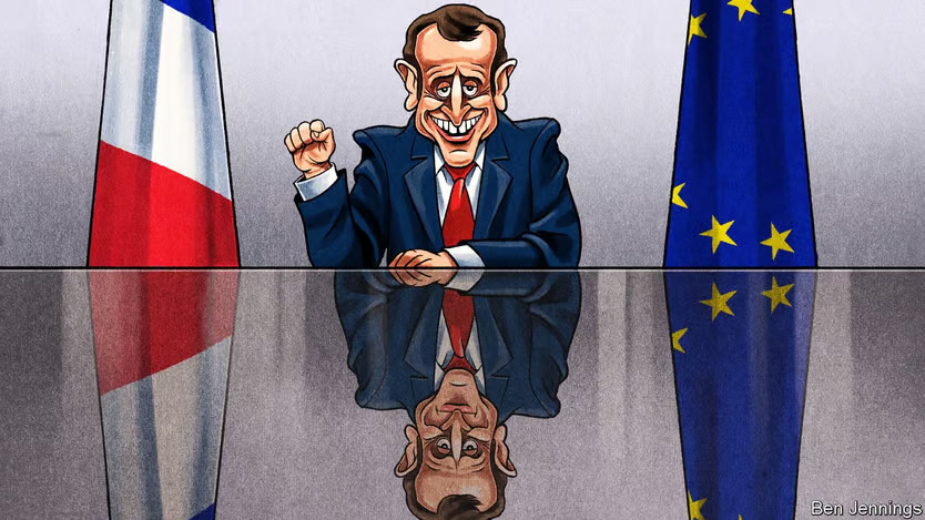 Caricature of Emmanuel Macron standing at the end of the table in suit thinking about future